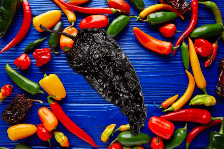 Black pepper on blue background, a versatile spice for Poblano pepper alternatives and cooking substitutions.