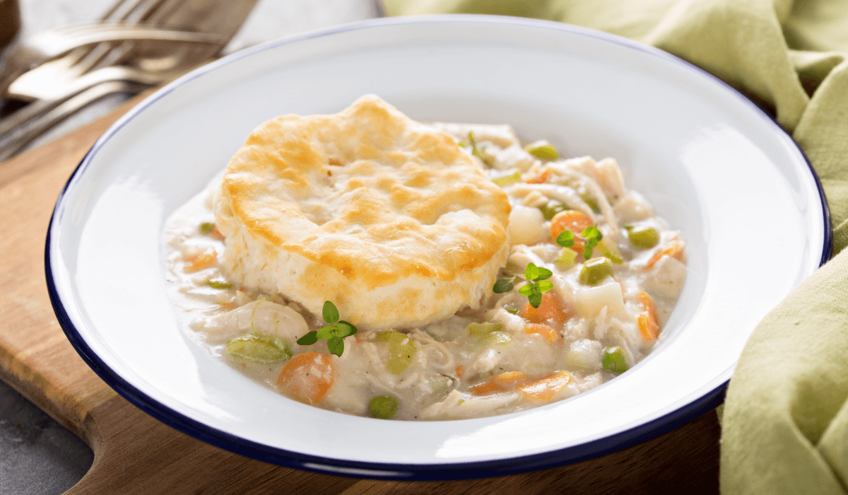 Chicken cobbler: A savory dish with tender chicken and a golden crust, served with vegetables and a rich gravy.