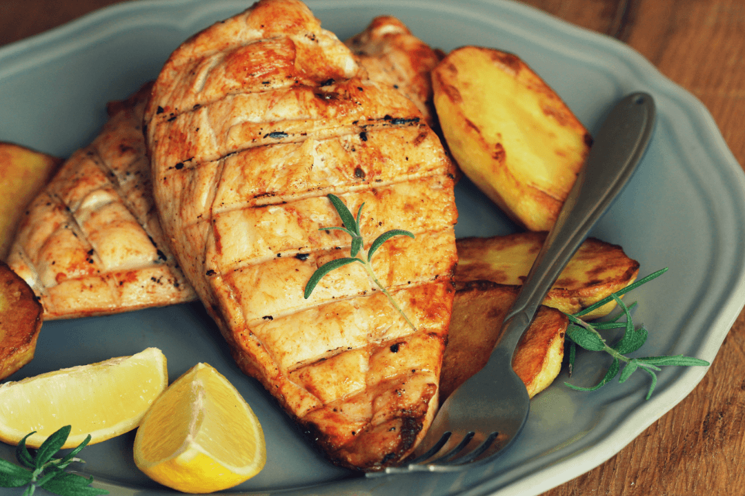 Thinly sliced chicken breast on a plate.