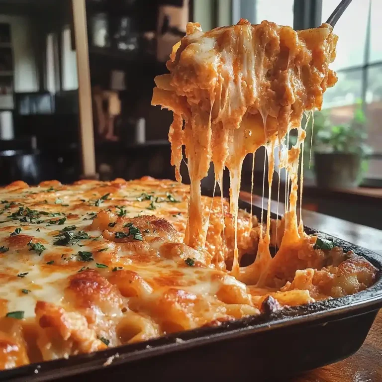 Buffalo Chicken Pasta Bake melting & dripping & Sticky