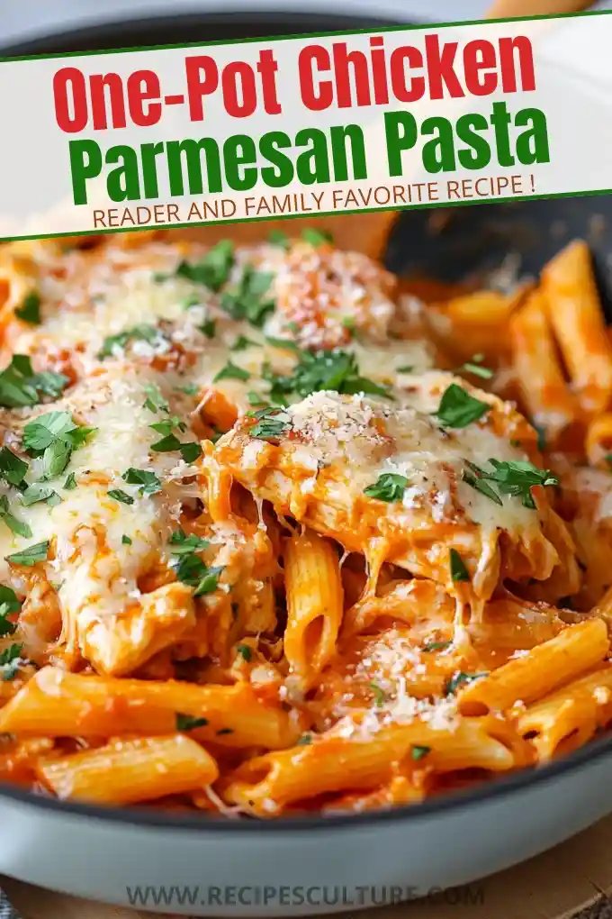 One-Pot Chicken Parmesan Pasta! A perfect blend of crispy chicken, gooey mozzarella, and savory marinara sauce