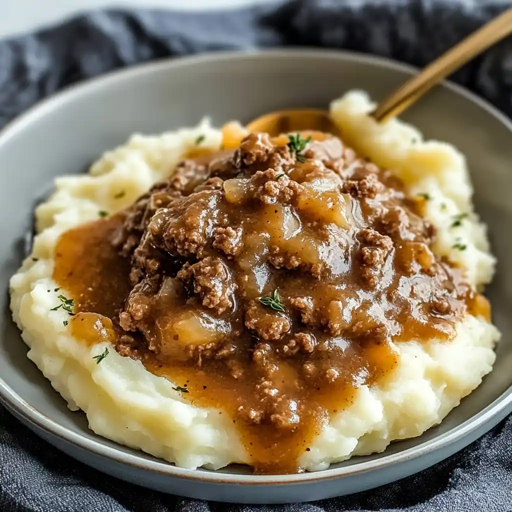 Ground Beef and Gravy Over Mashed Potatoes