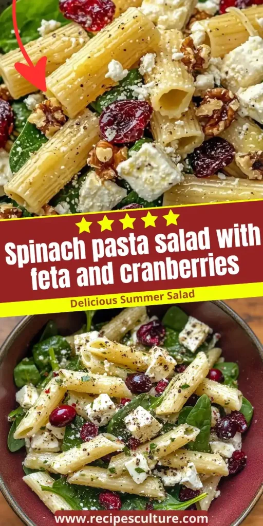easy Spinach pasta salad with feta and cranberries