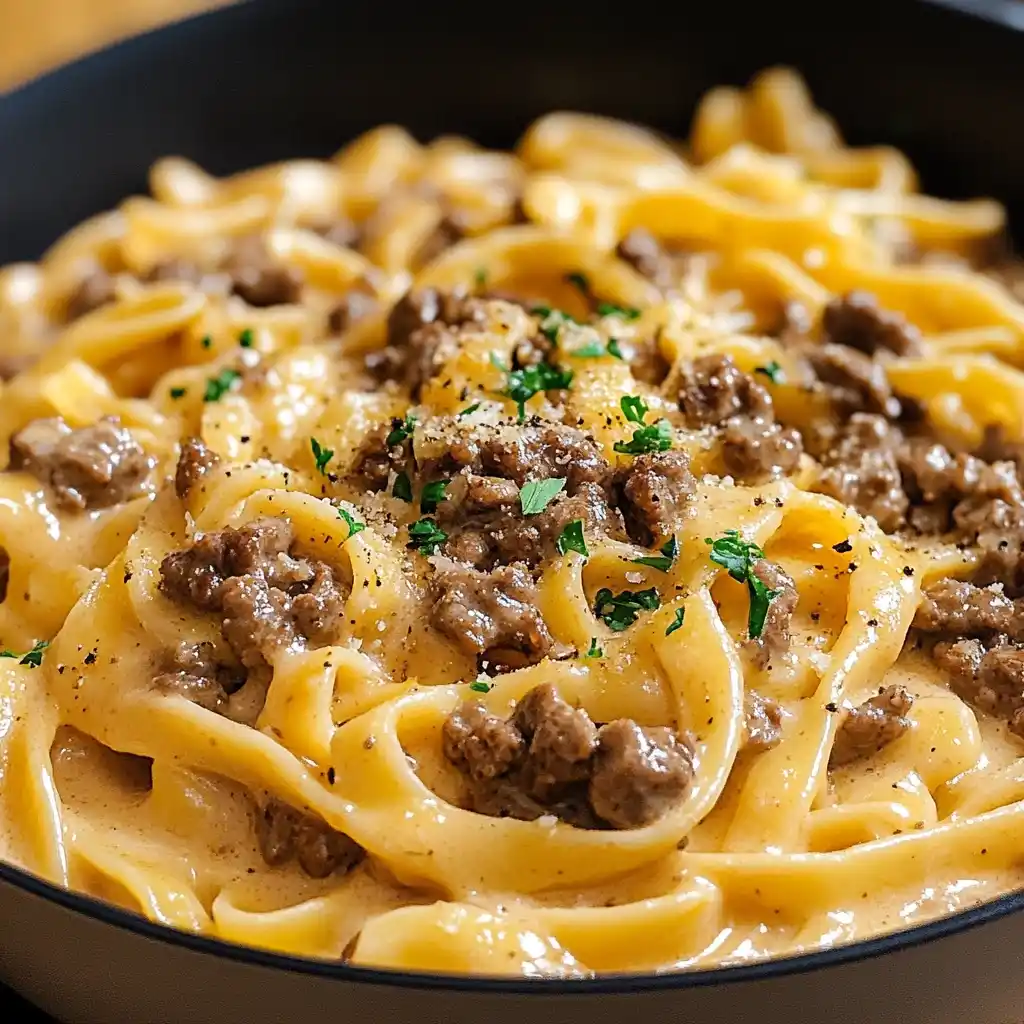 easy One-Pot Creamy Beef and Garlic Butter Pasta recipe
