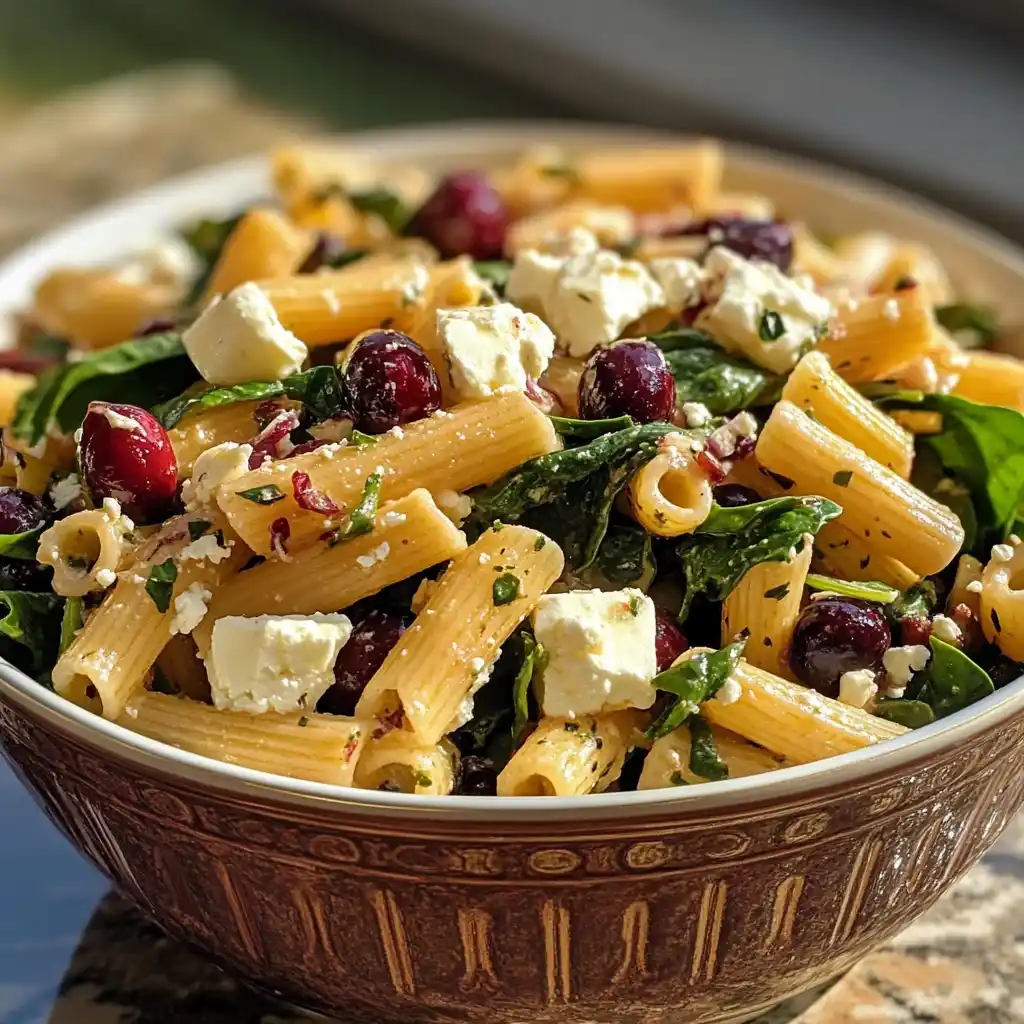 easy Spinach pasta salad with feta and cranberries recipe