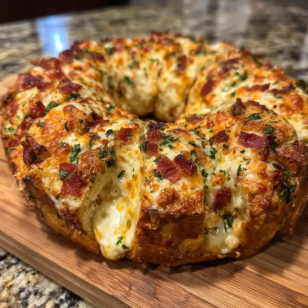 easy Cheesy Bacon Stuffed Garlic Bread Wreath recipe