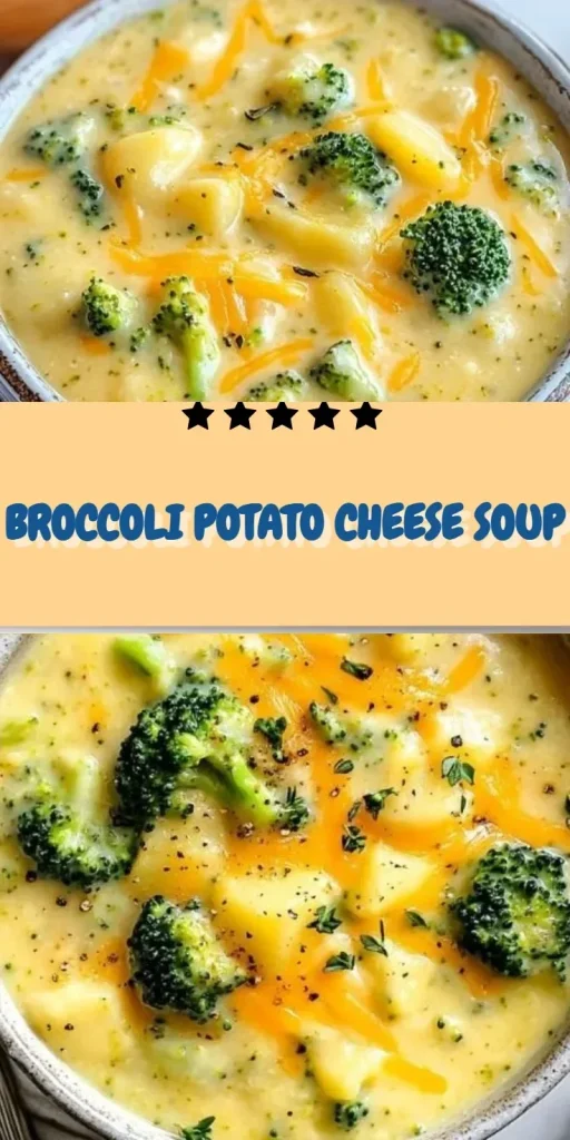 Bowl of creamy Broccoli Potato Cheese Soup topped with herbs and cheese