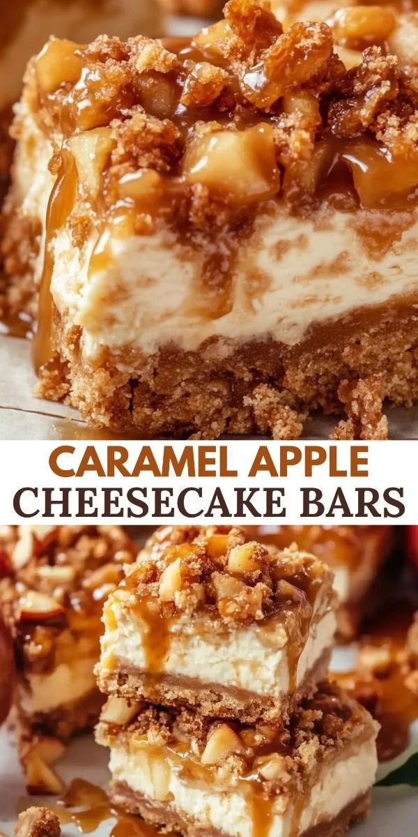 Delicious homemade caramel apple cheesecake bars with a rich topping