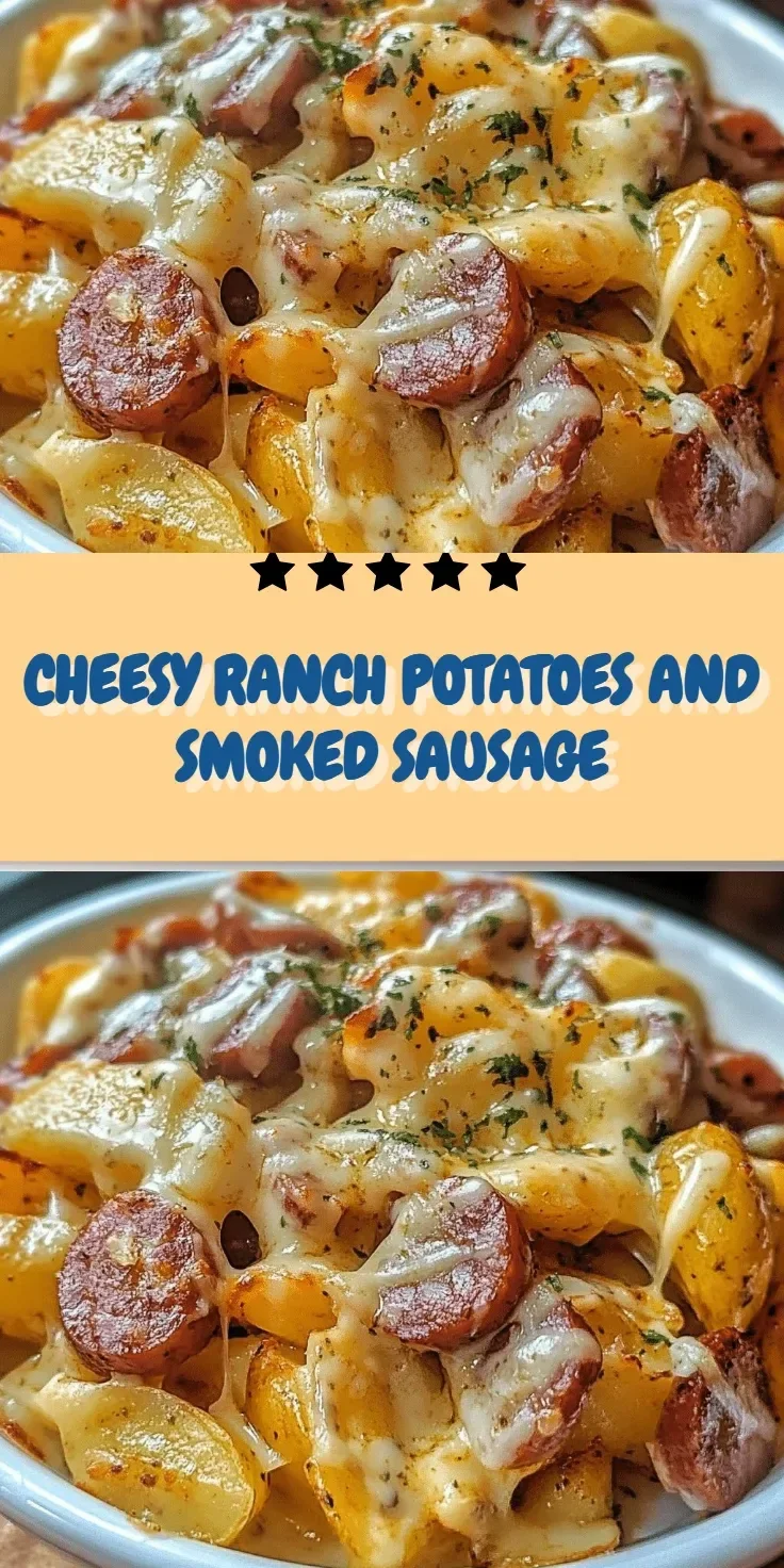 Cheesy ranch potatoes with smoked sausage in a serving bowl