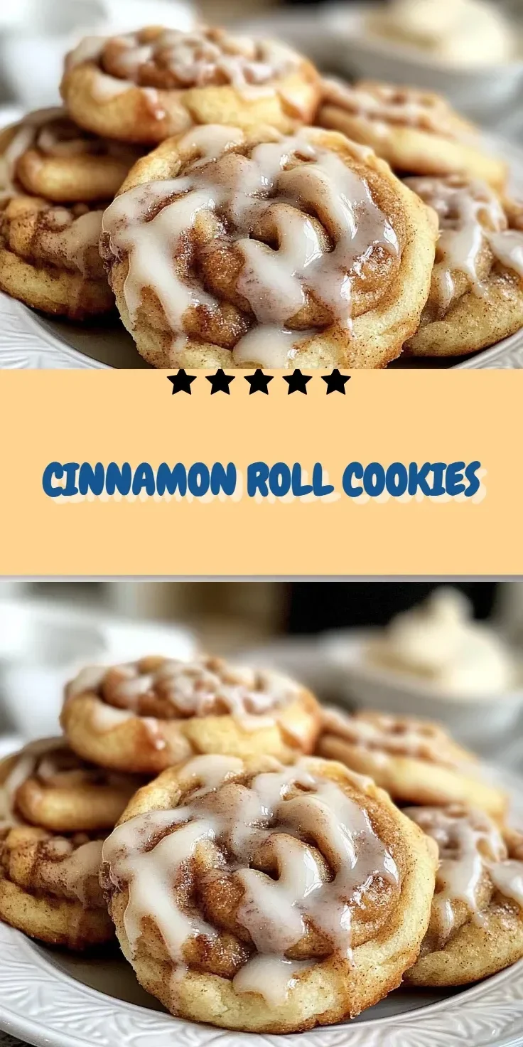 Freshly baked cinnamon roll cookies topped with icing on a cooling rack.