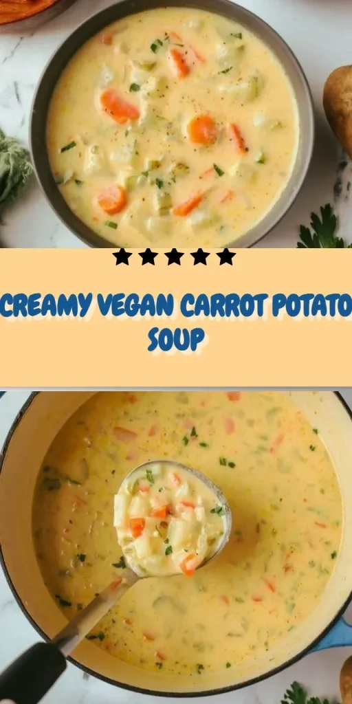 Creamy vegan carrot potato soup in a bowl garnished with herbs
