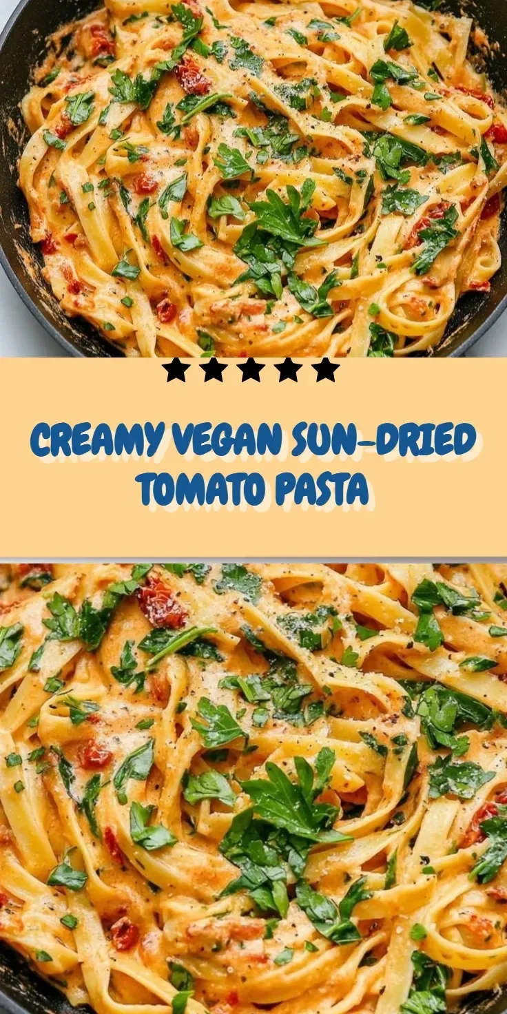 Creamy vegan sun-dried tomato pasta served in a bowl with fresh basil