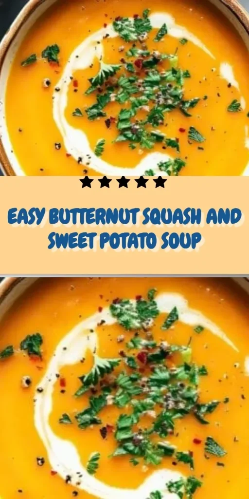 Bowl of creamy butternut squash and sweet potato soup topped with herbs