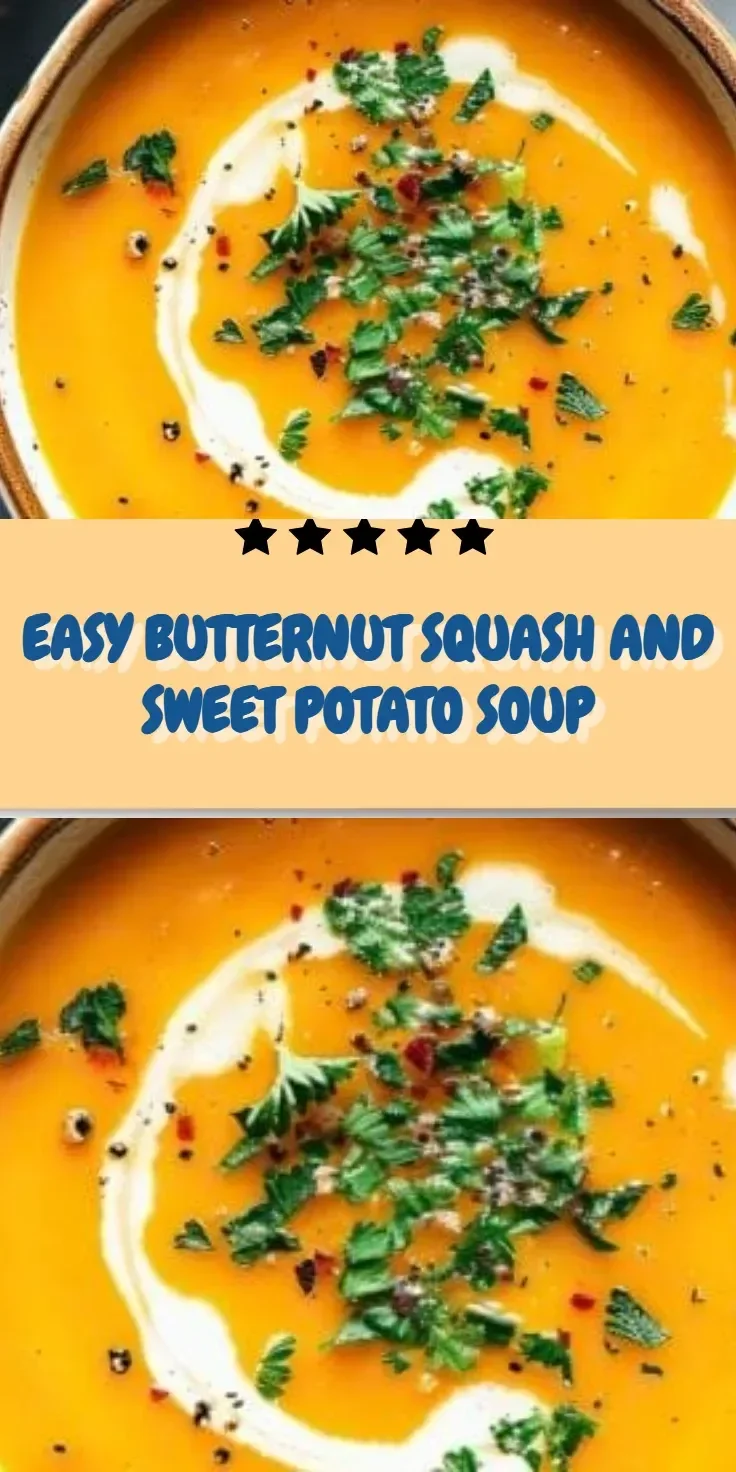 Bowl of creamy butternut squash and sweet potato soup topped with herbs