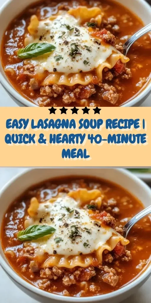 Bowl of easy lasagna soup topped with cheese and herbs
