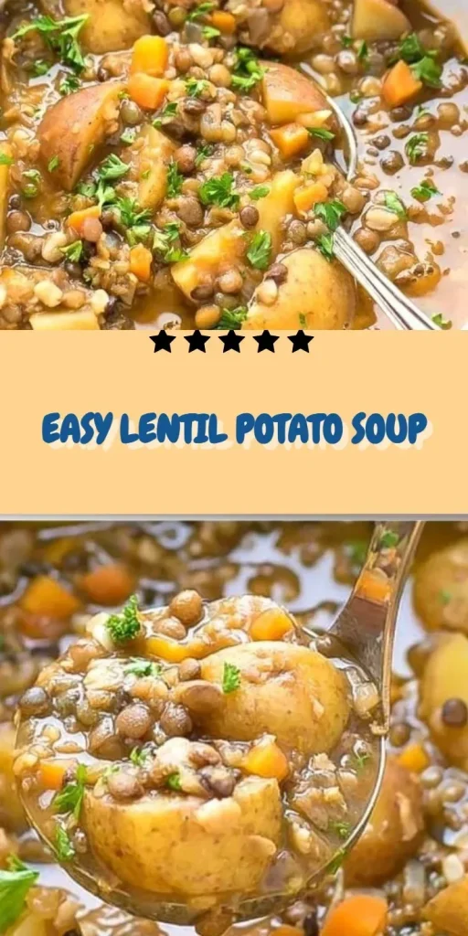Bowl of Easy Lentil Potato Soup with fresh herbs and vegetables