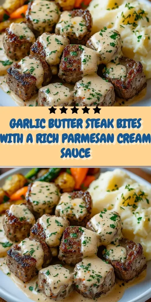 Delicious Garlic Butter Steak Bites served with a rich Parmesan cream sauce.