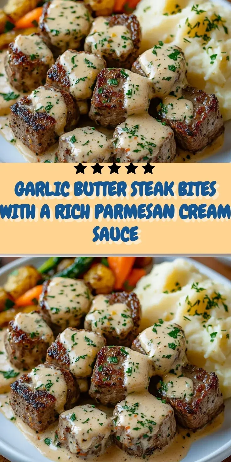 Delicious Garlic Butter Steak Bites served with a rich Parmesan cream sauce.