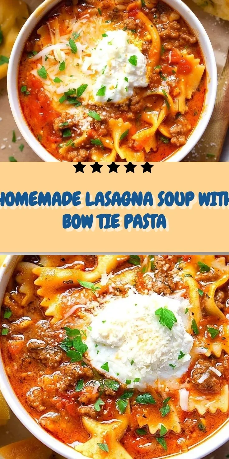 Homemade lasagna soup featuring flavorful ingredients and bow tie pasta.