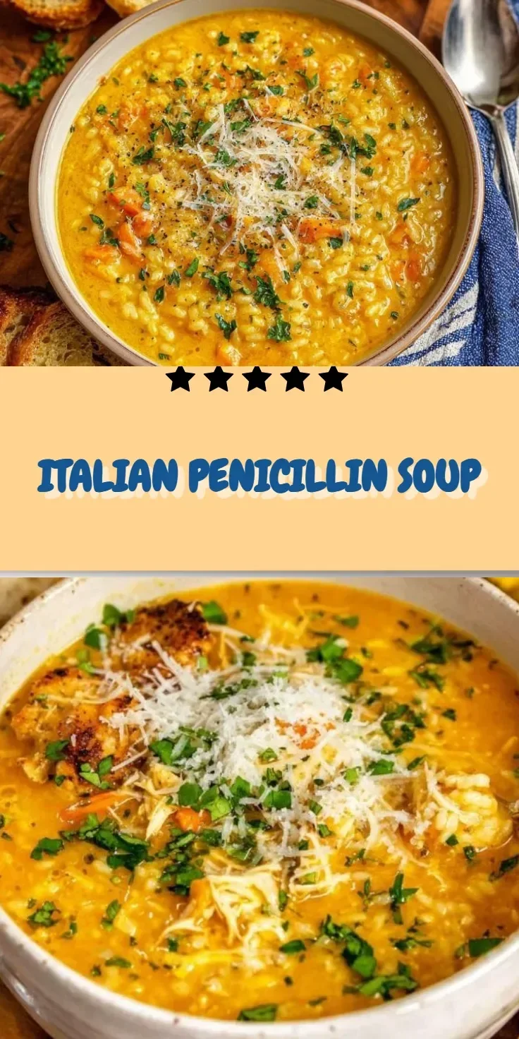 A bowl of Italian Penicillin Soup garnished with fresh herbs and vegetables.