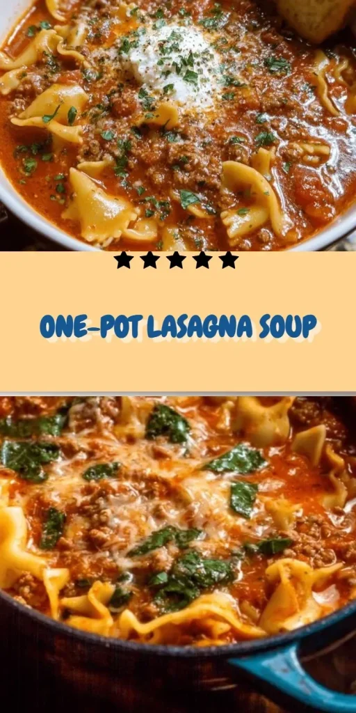 A bowl of delicious one-pot lasagna soup topped with fresh herbs and cheese.