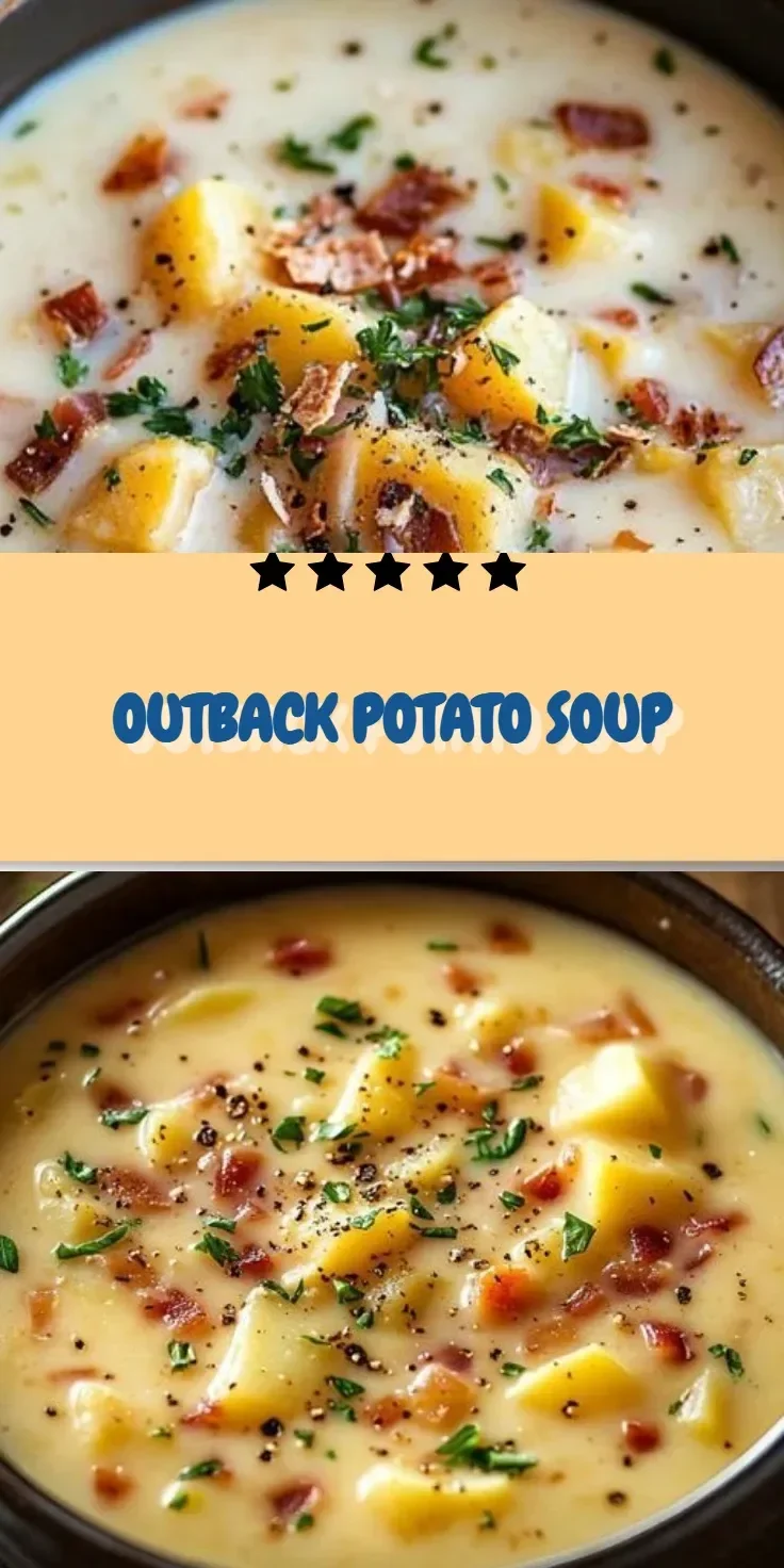 Delicious bowl of Outback potato soup garnished with chives and crispy bacon