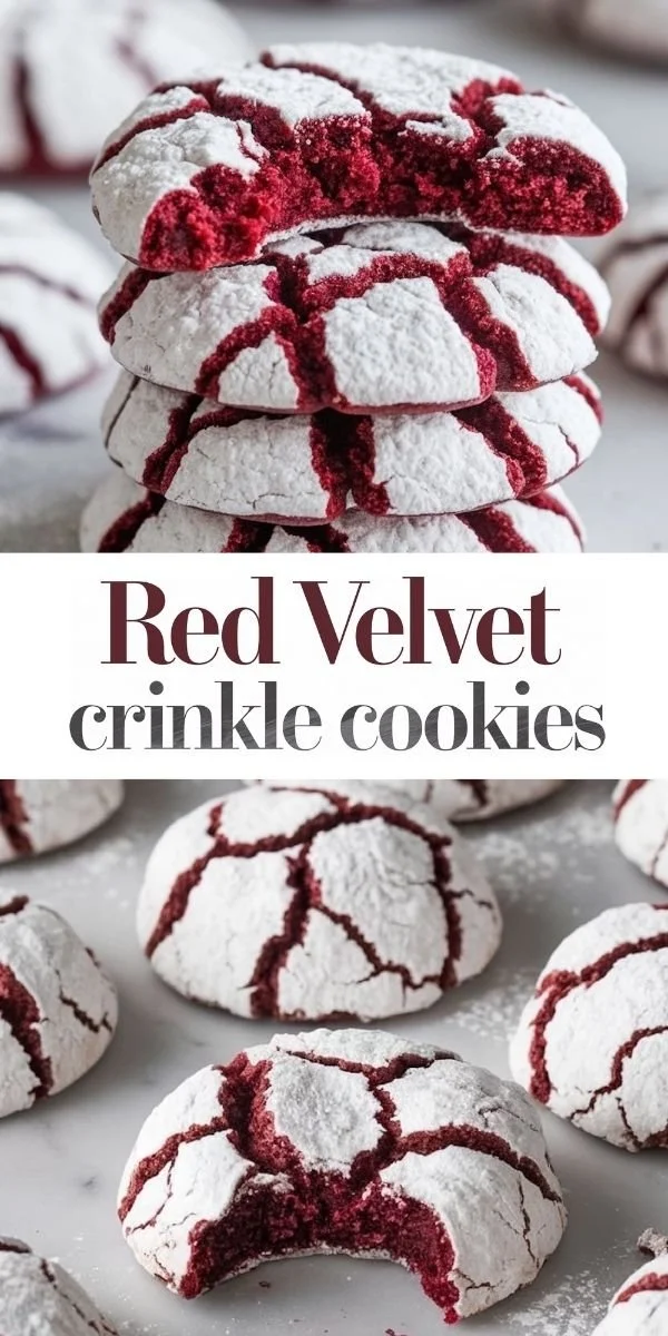 Homemade Red Velvet Crinkle Cookies with powdered sugar coating