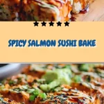 Delicious and spicy salmon sushi bake topped with crunchy tempura flakes