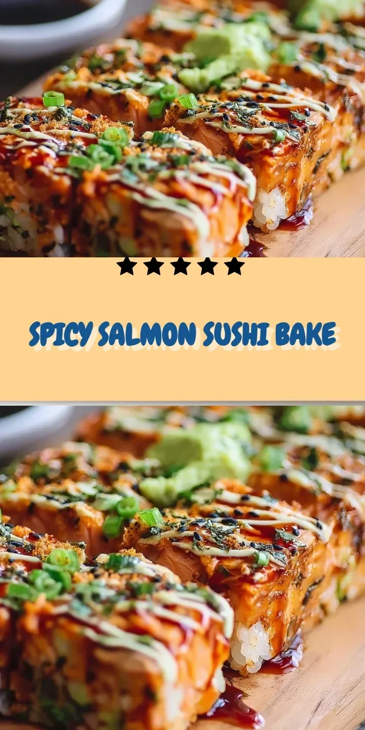 Delicious and spicy salmon sushi bake topped with crunchy tempura flakes