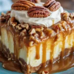 Delicious Caramel Butter Pecan Praline Poke Cake topped with pecans and caramel drizzle.