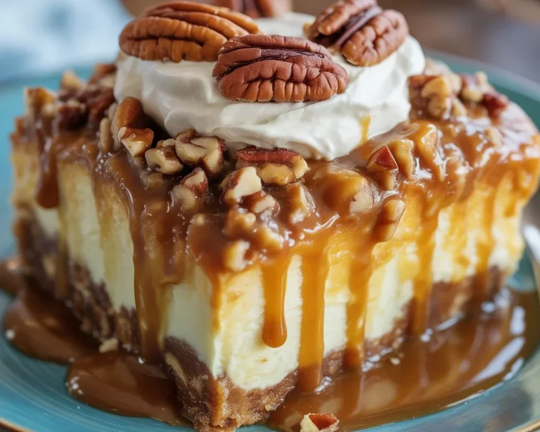 Delicious Caramel Butter Pecan Praline Poke Cake topped with pecans and caramel drizzle.
