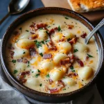 Bowl of rich and creamy Bacon Cheddar Gnocchi Soup garnished with crispy bacon.