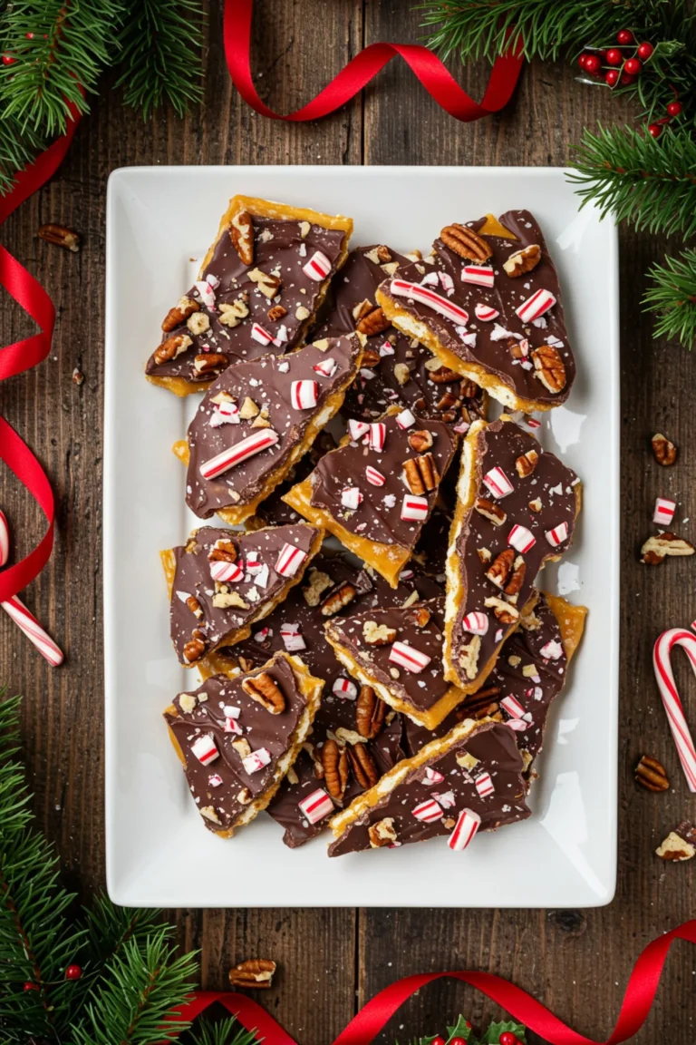 Bowl of homemade Christmas crack candy topped with chocolate and nuts