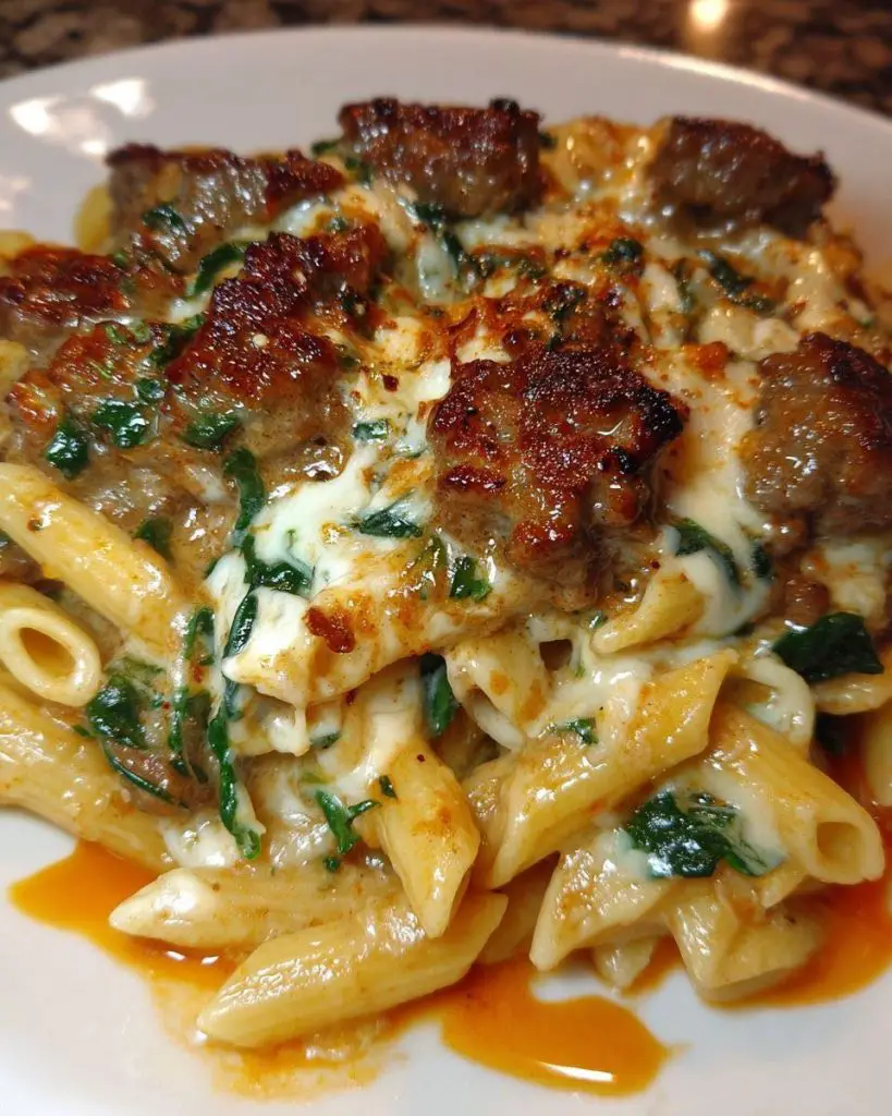 Delicious Creamy Garlic Butter Beef Penne with Sausage & Spinach